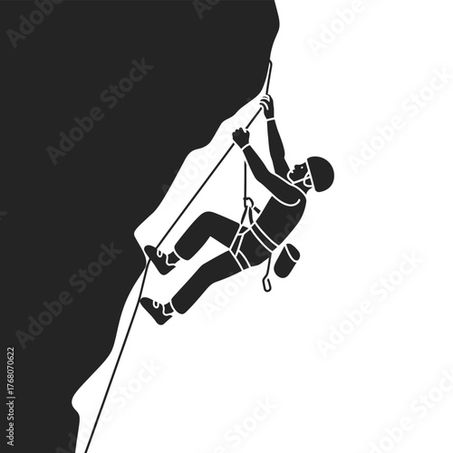 Climber ascending steep rock face using rope and harness rock climbing helmet