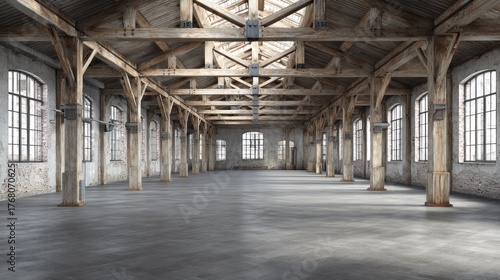 Wallpaper Mural An empty, spacious, industrial warehouse with exposed wooden beams and large windows. Torontodigital.ca