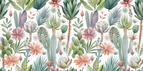 Colorful watercolor depiction of diverse botanical elements, featuring various cacti and flowers.