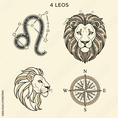 Four Leo Zodiac Sign Illustrations - Lion, Constellation, Compass.