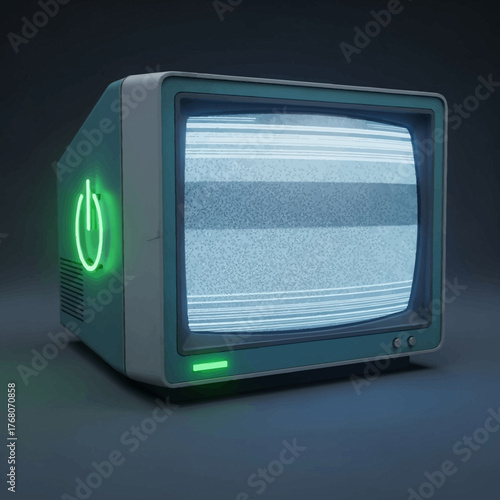 Retro Television with Static Screen and Glowing Power Button.