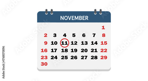 Calendar page for November with the 11th circled in red, indicating a specific date.