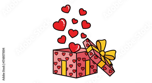 Illustration of a gift box with hearts floating out of it.