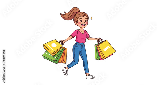 Cartoon woman happily carrying shopping bags after a successful shopping trip.