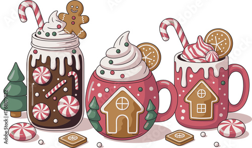 Christmas Hot Chocolate Vector – Festive Mugs with Whipped Cream, Candy Canes, and Gingerbread Cookies