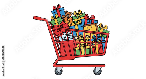 A shopping cart filled with colorful gift boxes and a teddy bear.