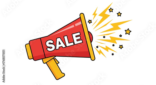 Red megaphone with the word SALE and yellow lightning bolts and stars.