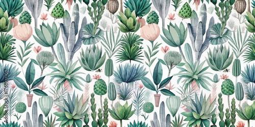 A vibrant green botanical pattern featuring various tropical plants and cacti on a light background.