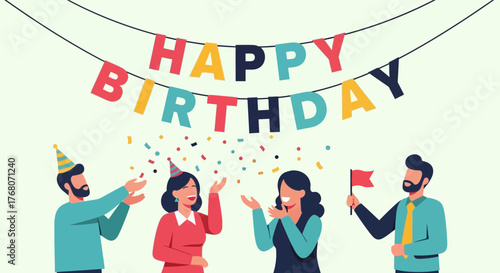 Celebrating a happy birthday with confetti and friends illustration vibrant and joyful atmosphere