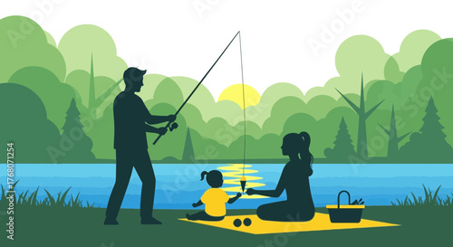 Family fishing vector illustration depicting a family enjoying time outdoors together by the lake