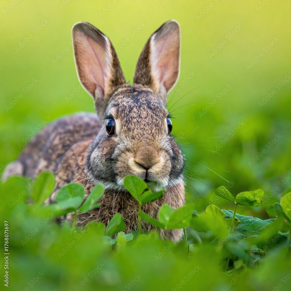 Fototapeta premium A fluffy brown rabbit munching on green leaves in a vibrant field