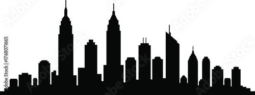 Modern city skyline silhouette, metropolitan skyscraper vector art, urban cityscape illustration, downtown architecture design, black and white skyline graphic