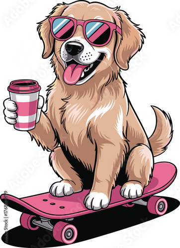 Cool Dog on Skateboard Vector – Cute Golden Retriever with Sunglasses and Coffee Cup