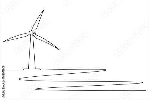Wind turbine continuous one line drawing minimal vector icon illustration
