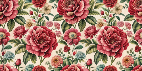 Vibrant floral pattern featuring lush red roses and delicate blooms on a soft background.