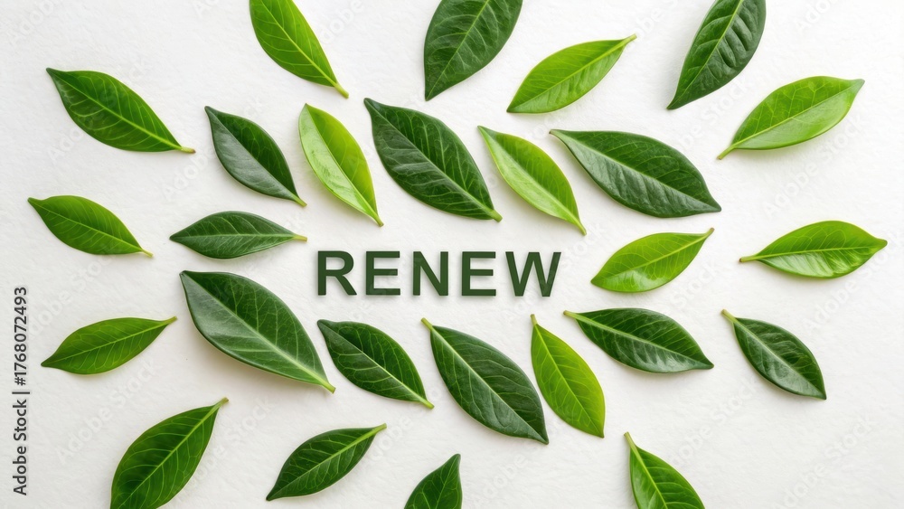 Naklejka premium Green Leaves Arranged Around Word Renew on White Background