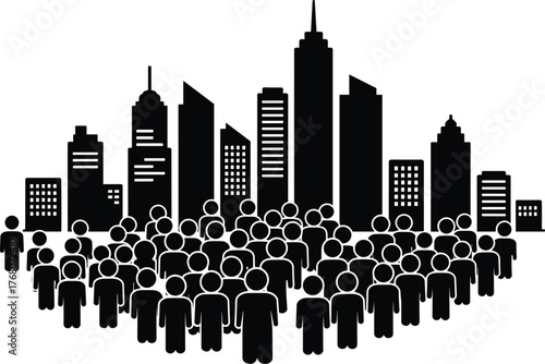 Urban population silhouette with city skyline, diverse people crowd in front of skyscrapers, community and modern city life concept illustration