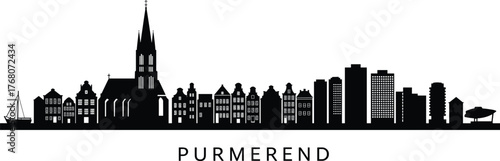 Purmerend city skyline silhouette, Netherlands cityscape illustration, Dutch architecture skyline art, modern and historic buildings, urban skyline design, vector city art