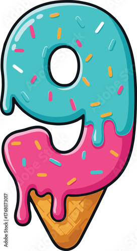 Ice Cream Number 9 Vector – Colorful Cartoon Melting Ice Cream Font with Sprinkles