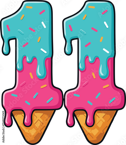 Ice Cream Number 11 Vector – Colorful Cartoon Melting Ice Cream Font with Sprinkles