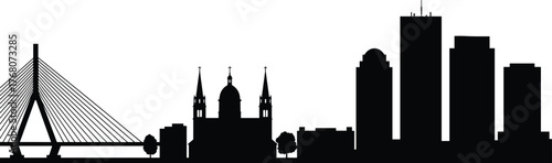 Boston city skyline silhouette with Zakim Bridge, historic church domes, and modern skyscrapers under clear sky, urban architecture illustration