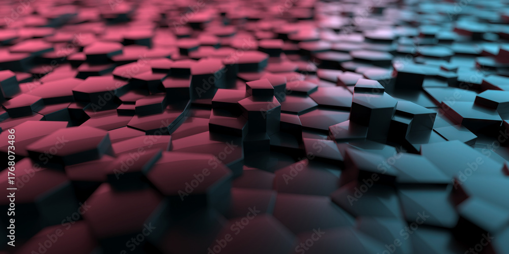 Obraz premium Abstract geometric hexagonal pattern with red and black gradient. 3d render