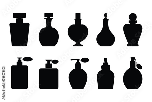 Collection of black perfume bottles and atomizers silhouettes white background