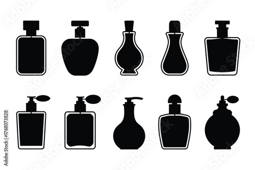 Collection of black perfume bottles and dispensers silhouettes white background