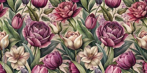 A vibrant floral pattern featuring various roses and tulips in rich hues.