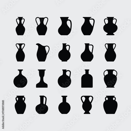 Collection of black ceramic vase silhouettes on light gray background pottery