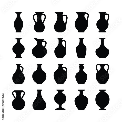 Collection of black pottery silhouettes on white background vases amphora jugs