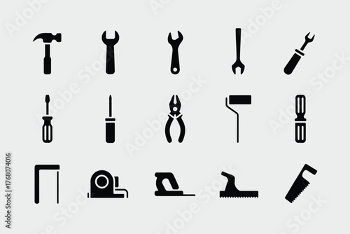 Collection of black tool icons on a light gray background tools hammer