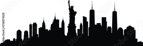 New York City skyline silhouette with Statue of Liberty, Empire State Building, and skyscrapers, urban landmark vector illustration design