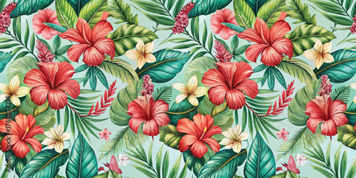 Vibrant tropical floral pattern featuring hibiscus and lush green leaves.