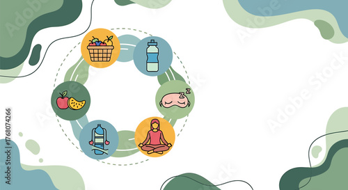 Infographic Highlighting Key Daily Habits for a Holistic Healthy Lifestyle, Featuring Balanced Nutrition, Adequate Hydration, Restful Sleep, and Mindful Wellness Practices