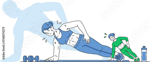 Vector illustration of a determined woman sweating while holding a difficult side plank pose during a strenuous core strength training session