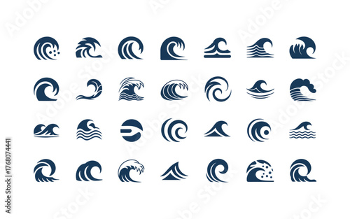 Collection of stylized dark blue wave icons water ocean