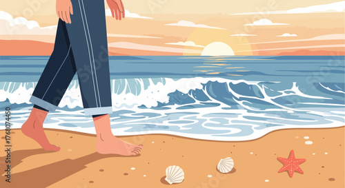 Barefoot bliss a serene beach walk illustration at sunset for tranquil relaxation and escape