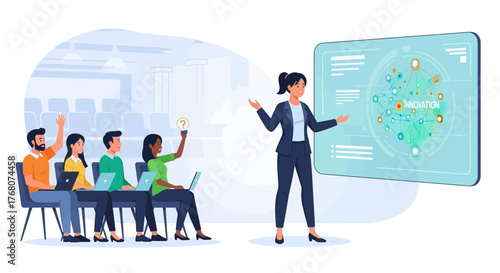 Businesswoman presenting innovation concept to a diverse audience in a conference training scenario