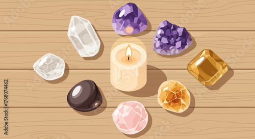 Candlelight Crystals: Illustration of Healing Stones and Candle on Wooden Surface