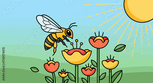 Cheerful illustration of a bee hovering near colorful flowers under a bright sun graphic