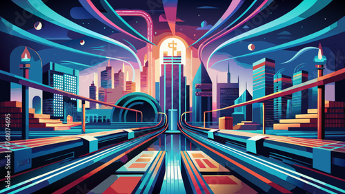 Futuristic cityscape with elevated train tracks view