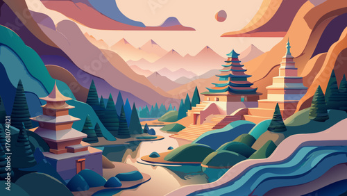 Illustration of pagodas in a stylized mountain valley
