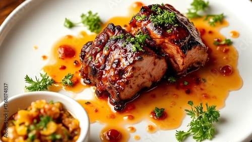 A beautifully plated dish featuring two pieces of glazed meat garnished with herbs, accompanied by a side of sauce and colorful vegetables.