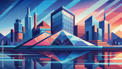 Stylized cityscape with reflections and geometric shapes