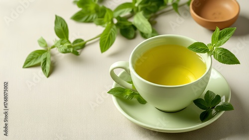 Wallpaper Mural A soothing cup of green tea garnished with fresh mint leaves, surrounded by vibrant greenery, creating a calming and refreshing ambiance. Torontodigital.ca