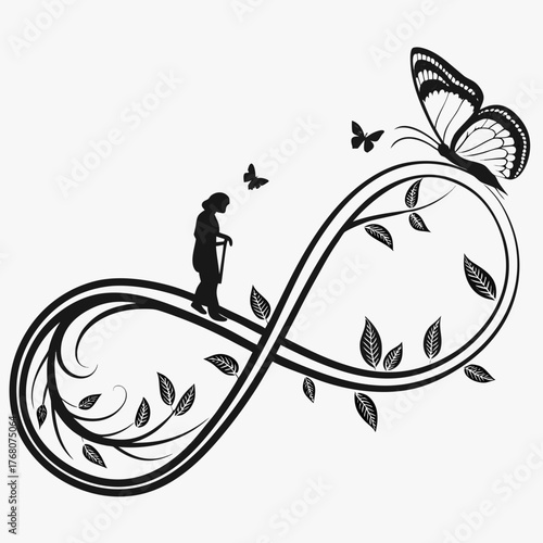 Silhouette of an elderly woman with butterflies and infinity symbol