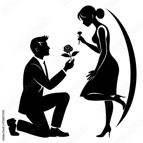 Elegant silhouette of man proposing marriage with rose to woman vector