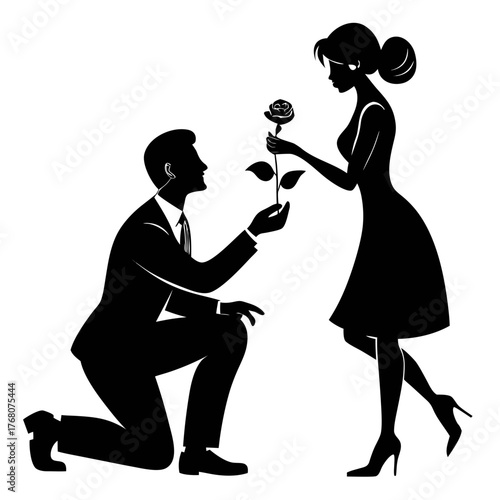 Elegant silhouette of man proposing with rose to woman vector art vector