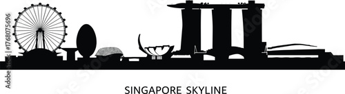 Singapore city skyline silhouette with Marina Bay Sands, Singapore Flyer, and iconic landmarks, black and white architecture cityscape illustration design
